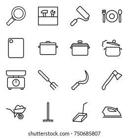 thin line icon set : magnifier, tools, repair, cafe, cutting board, pan, steam, kitchen scales, big fork, sickle, axe, wheelbarrow, rake, scoop, iron