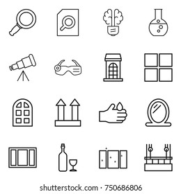 thin line icon set : magnifier, search document, bulb brain, round flask, telescope, smart glasses, building, window, arch, cargo top sign, acid, mirror, wine, clean, skysrcapers cleaning