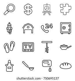 thin line icon set : magnifier, dollar, presentation, puzzle, spark plug, barn, phone 24, safe, flip flops, tv, corkscrew, pan, apron, ladle, mixer, bread