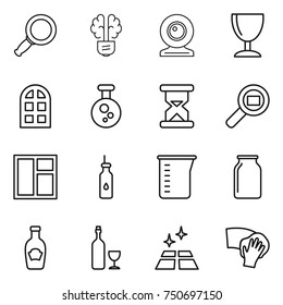 thin line icon set : magnifier, bulb brain, web cam, wineglass, arch window, chemical, sand clock, cargo search, vegetable oil, measuring cup, bank, ketchup, wine, clean floor, wiping