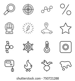 thin line icon set : magnifier, target, graph, percent, notebook globe, lightning, car pointer, star, satellite, handwheel, thermometer, ring button, mixer, fire, beet, spot