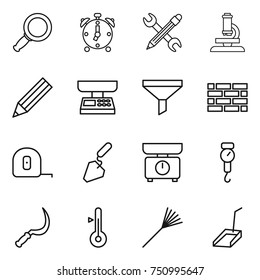 thin line icon set : magnifier, alarm clock, pencil wrench, microscope, market scales, funnel, brick wall, measuring tape, construction, kitchen, handle, sickle, thermometer, rake, scoop