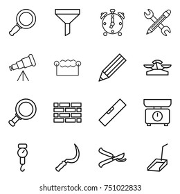 thin line icon set : magnifier, funnel, alarm clock, pencil wrench, telescope, electrostatic, scales, brick wall, level, kitchen, handle, sickle, pruner, scoop