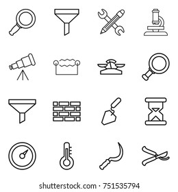 thin line icon set : magnifier, funnel, pencil wrench, microscope, telescope, electrostatic, scales, brick wall, construction, sand clock, barometer, thermometer, sickle, pruner