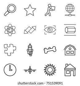 thin line icon set : magnifier, star, courier, globe connect, atom, up down arrow, eye identity, nano tube, puzzle, spark plug, bone, house, clock, plane, sun