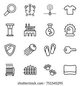 thin line icon set : magnifier, alarm clock, laser, t shirt, airport tower, factory, chemical, shield, jellyfish, flip flops, key, radiator, fence, pets, sponge