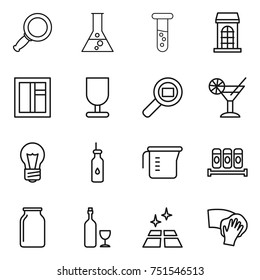 thin line icon set : magnifier, flask, vial, building, window, fragile, cargo search, cocktail, bulb, vegetable oil, measuring cup, spices, bank, wine, clean floor, wiping