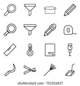 thin line icon set : magnifier, funnel, electrostatic, pencil, measuring tape, level, thermometer, kitchen scales, handle, sickle, pruner, rake, scoop