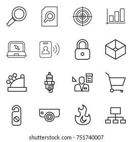 thin line icon set : magnifier, search document, target, graph, notebook, pass card, lock, box, cashbox, spark plug, architector, cart, do not distrub, surveillance camera, fire, hierarchy