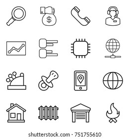 thin line icon set : magnifier, money gift, phone, call center, statistics, diagram, chip, globe connect, cashbox, nipple, mobile location, home, radiator, garage, fire