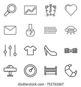 thin line icon set : magnifier, statistics, alarm clock, heart, mail, round flask, battery, ufo, equalizer, t shirt, shoes, school, restaurant, barometer, crib, croissant