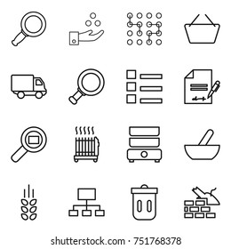 thin line icon set : magnifier, chemical industry, chip, basket, delivery, list, inventory, cargo search, radiator, double boiler, mortar, spikelets, hierarchy, trash bin, construct garbage