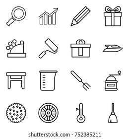 thin line icon set : magnifier, diagram, pencil, gift, cashbox, repair, hi quality package, yacht, stool, measuring cup, big fork, hand mill, cookies, wheel, thermometer, broom