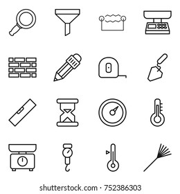 thin line icon set : magnifier, funnel, electrostatic, market scales, brick wall, pencil, measuring tape, construction, level, sand clock, barometer, thermometer, kitchen, handle, rake