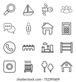 thin line icon set : magnifier, boat, satellite, group, discussion, smart watch, home, calculator, phone, bridge, city, rack, ring button, radiator, trees, barn