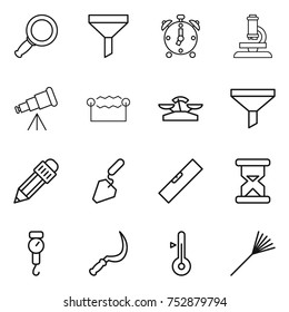 thin line icon set : magnifier, funnel, alarm clock, microscope, telescope, electrostatic, scales, pencil, construction, level, sand, handle, sickle, thermometer, rake