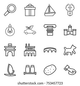 thin line icon set : magnifier, gift, boat, bulb brain, rocket, eco car, column, castle, arch, factory, bridge, dog, windsurfing, salt pepper, potato, wiping