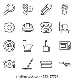 thin line icon set : magnifier, gear, pencil, bulb, building helmet, phone, atm, cooler fan, toilet, scoop, grill oven, fork spoon plate, rake, sponge, brush