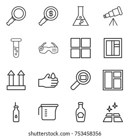 thin line icon set : magnifier, dollar, flask, telescope, vial, smart glasses, window, cargo top sign, acid, search, vegetable oil, measuring cup, ketchup, clean floor
