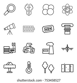 thin line icon set : magnifier, bulb brain, atom core, telescope, battery, ticket, column, mall, modern architecture, factory, plane, restaurant, thermometer, trees, clean window