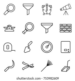 thin line icon set : magnifier, funnel, alarm clock, telescope, scales, brick wall, measuring tape, construction, barometer, kitchen, sickle, pruner, rake, scoop
