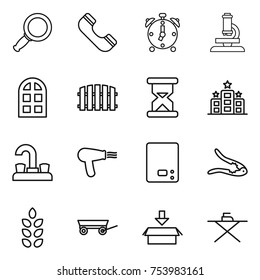 thin line icon set : magnifier, phone, alarm clock, microscope, arch window, fence, sand, hotel, water tap, hair dryer, kitchen scales, walnut crack, spikelets, trailer, package, iron board