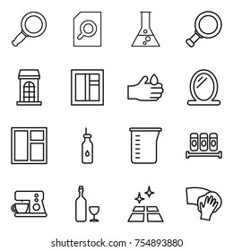 thin line icon set : magnifier, search document, flask, building, window, acid, mirror, vegetable oil, measuring cup, spices, coffee maker, wine, clean floor, wiping
