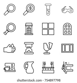 thin line icon set : magnifier, dollar, vial, smart glasses, building, window, arch, acid, sand clock, broken, coffee maker, jug, skysrcapers cleaning, skyscrapers