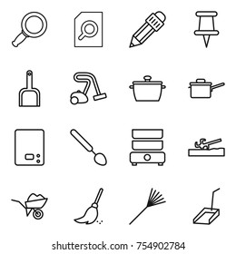 thin line icon set : magnifier, search document, pencil, pin, scoop, vacuum cleaner, pan, saute, kitchen scales, big spoon, double boiler, soil cutter, wheelbarrow, broom, rake