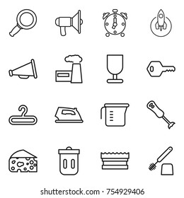 thin line icon set : magnifier, loudspeaker, alarm clock, rocket, factory, fragile, key, hanger, iron, measuring cup, blender, cheese, trash bin, sponge, toilet brush