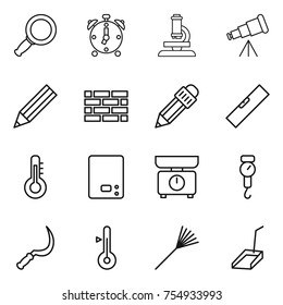 thin line icon set : magnifier, alarm clock, microscope, telescope, pencil, brick wall, level, thermometer, kitchen scales, handle, sickle, rake, scoop