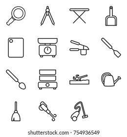 thin line icon set : magnifier, drawing compasses, iron board, scoop, cutting, kitchen scales, garlic clasp, spatula, big spoon, double boiler, soil cutter, watering can, broom, blower
