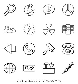 thin line icon set : magnifier, circle diagram, money message, group, lightning, nuclear, server, left arrow, phone, repair, globe, check in, tools, syringe