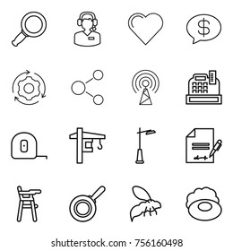 Thin line icon set : magnifier, call center, heart, money message, around gear, molecule, antenna, cashbox, measuring tape, tower crane, outdoor light, inventory, Chair for babies, pan, wasp, soap