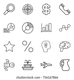 Thin line icon set : magnifier, target, dollar, phone, diagram, circle, graph, star, percent, bulb head, brain, satellite, fountain, plane, jug