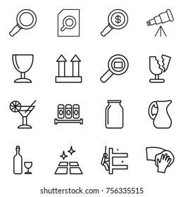 Thin line icon set : magnifier, search document, dollar, telescope, wineglass, cargo top sign, broken, cocktail, spices, bank, jug, wine, clean floor, skyscrapers cleaning, wiping