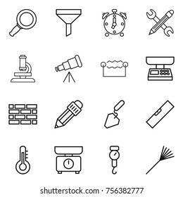 Thin line icon set : magnifier, funnel, alarm clock, pencil wrench, microscope, telescope, electrostatic, market scales, brick wall, construction, level, thermometer, kitchen, handle, rake