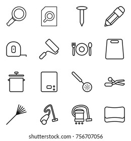thin line icon set : magnifier, search document, nail, pencil, measuring tape, repair, cafe, cutting board, pan, kitchen scales, skimmer, scissors, rake, vacuum cleaner, sponge