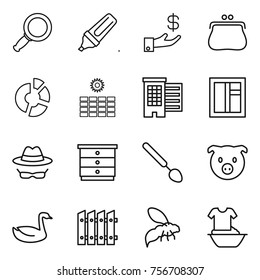 thin line icon set : magnifier, marker, investment, purse, circle diagram, sun power, houses, window, confidential, chest of drawers, big spoon, pig, goose, fence, wasp, handle washing