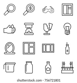 Thin line icon set : magnifier, dollar, smart glasses, window, acid, sand clock, broken, bulb, mirror, vegetable oil, measuring cup, bank, ketchup, skysrcapers cleaning