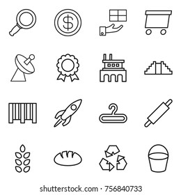 thin line icon set : magnifier, dollar, gift, delivery, satellite antenna, medal, factory, pyramid, bar code, rocket, hanger, rolling pin, spikelets, bread, recycling, bucket