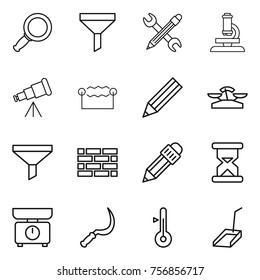 Thin line icon set : magnifier, funnel, pencil wrench, microscope, telescope, electrostatic, scales, brick wall, sand clock, kitchen, sickle, thermometer, scoop
