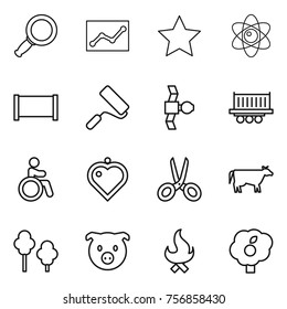 Thin line icon set : magnifier, statistics, star, atom, fence, repair, satellite, truck shipping, invalid, heart pendant, scissors, cow, trees, pig, fire, garden