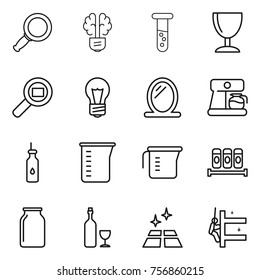 Thin line icon set : magnifier, bulb brain, vial, wineglass, cargo search, mirror, coffee maker, vegetable oil, measuring cup, spices, bank, wine, clean floor, skyscrapers cleaning