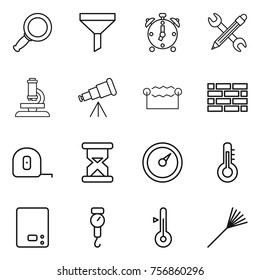 Thin line icon set : magnifier, funnel, alarm clock, pencil wrench, microscope, telescope, electrostatic, brick wall, measuring tape, sand, barometer, thermometer, kitchen scales, handle, rake
