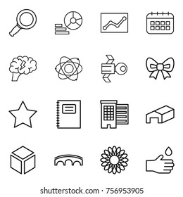 Thin line icon set : magnifier, diagram, statistics, calendar, brain, atom, satellite, bow, star, copybook, houses, warehouse, 3d, bridge, flower, hand drop