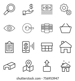 Thin line icon set : magnifier, investment, money, gear, eye, cell corection, server, basket, clipboard, mobile pay, market, home, warehouse, map, baggage, house cleaning