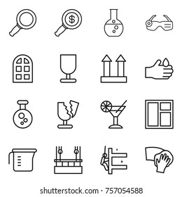 Thin line icon set : magnifier, dollar, round flask, smart glasses, arch window, fragile, cargo top sign, acid, chemical, broken, cocktail, measuring cup, skysrcapers cleaning, skyscrapers, wiping