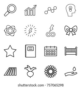 Thin line icon set : magnifier, diagram, graph, bulb head, atom, lightning, infinity power, bow, star, copybook, calendar, crib, field, beet, flower, hand and drop