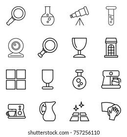 Thin line icon set : magnifier, round flask, telescope, vial, web cam, wineglass, building, window, fragile, chemical, coffee maker, jug, clean floor, wiping